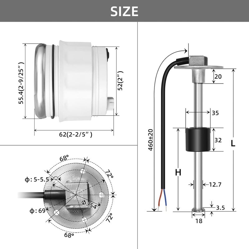 Rupse Fuel Sender Unit Boat Fuel Tank Sending Unit Fuel Water Level Sensor Stainless Steel Fuel Sender and Fuel Gauge for Boat Car Truck RV (17"(432mm)) - Image 3